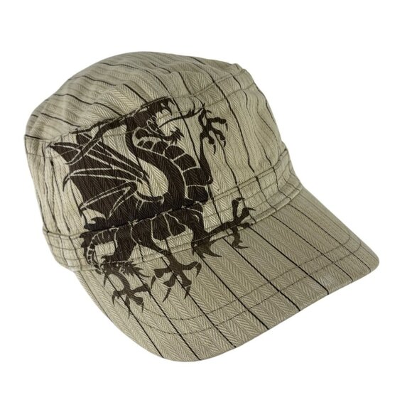 Dragon Graphic Khaki Striped Military Style Cap With Adjustable Back Strap - Picture 1 of 9